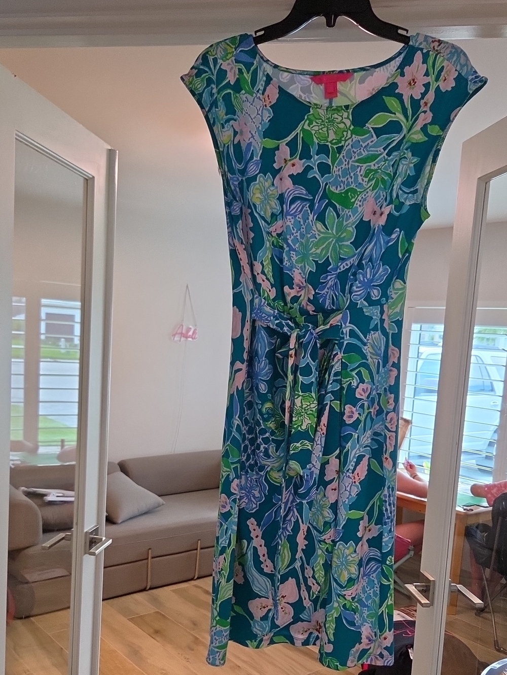 Lilly Pulitzer Teal Floral Cap-Sleeve Tie-Waist Midi Dress